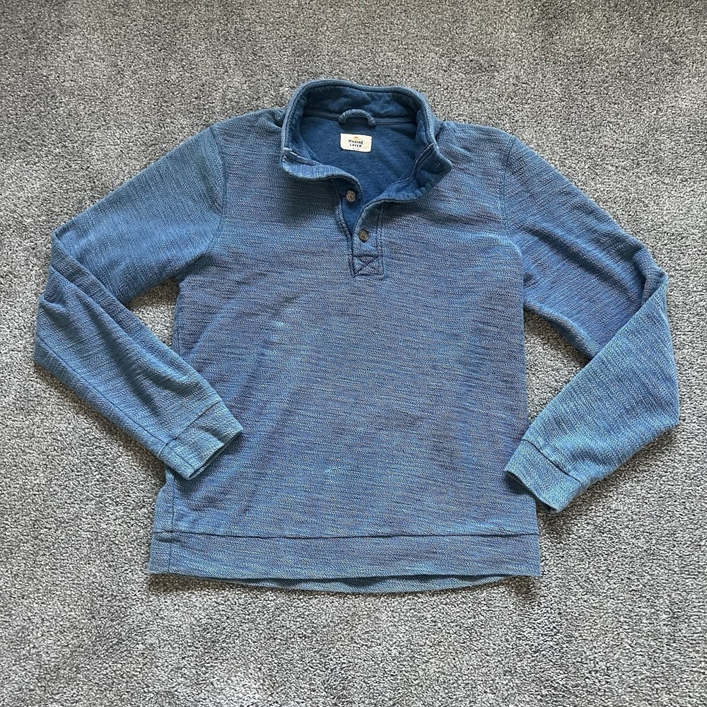 Marine Layer Mens 3/4 Button Up Pullover Blue Medium